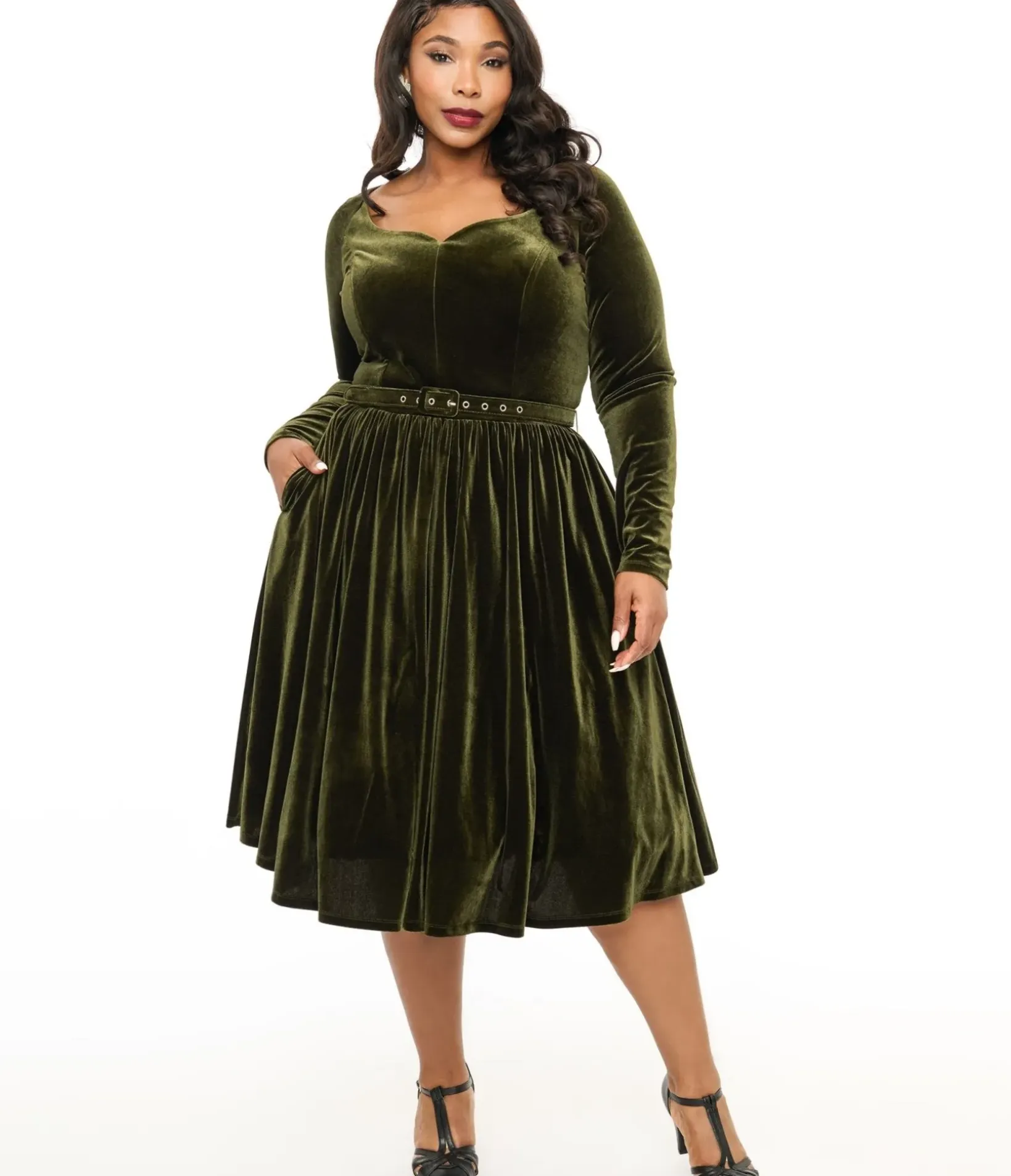 Unique Vintage Swing|Swing>Plus Size 1950s Dark Olive Velvet Sweetheart Swing Dress