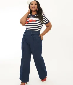 Unique Vintage Pants|Pants>Plus Size 1940s Denim High Waist Wide Leg Tab Pants