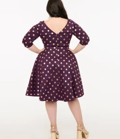 Unique Vintage Swing|Pocket Dresses>Plus Size 1950s Eggplant Rose Foil Polka Dot Devon Swing Dress