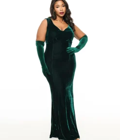 Unique Vintage Pencil|Maxi>Plus Size 1930s Emerald Green Velvet Goldwyn Gown