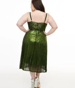 Unique Vintage Swing|Swing>Plus Size 1950s Emerald Pleated Sequin Swing Dress