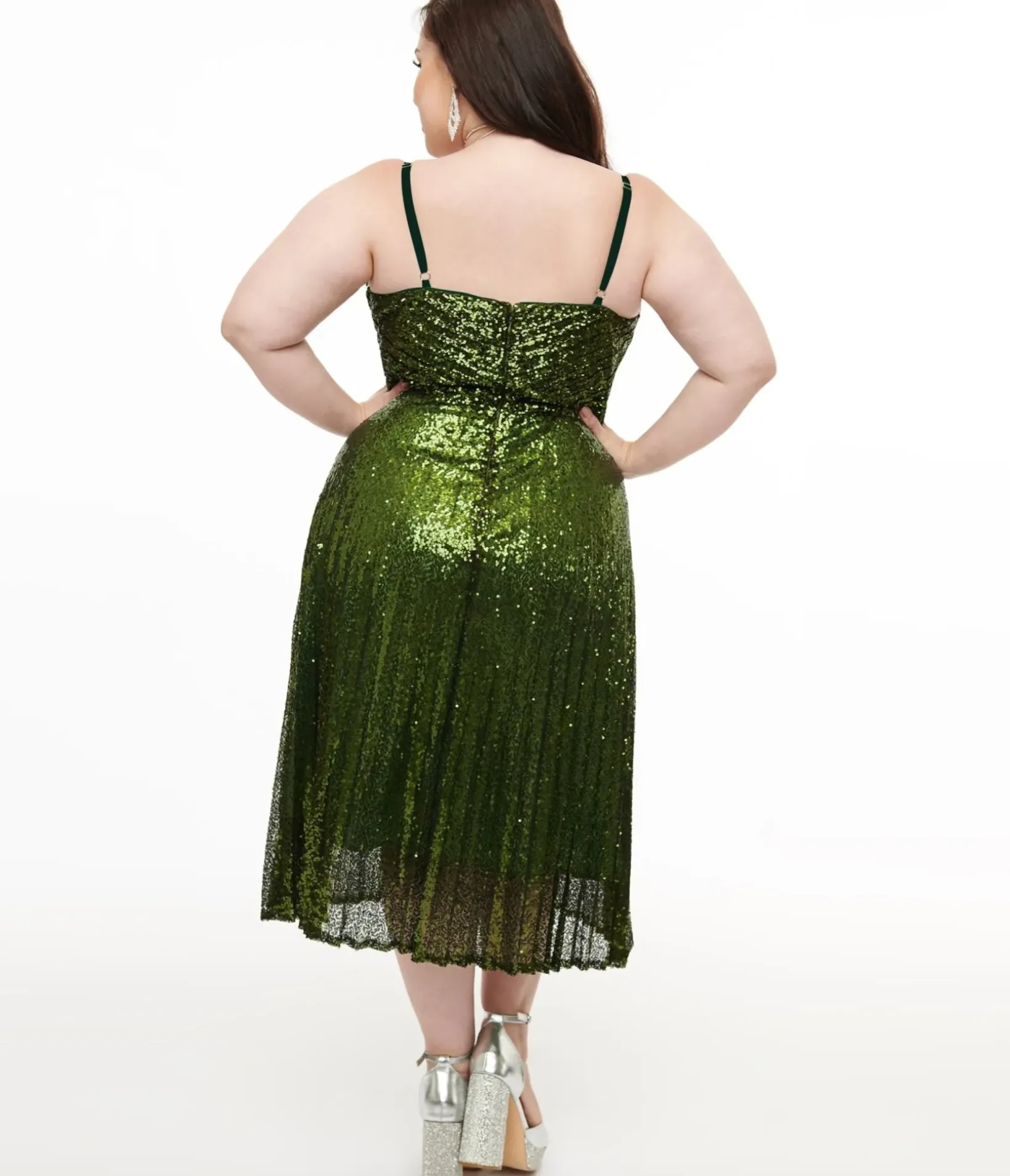 Unique Vintage Swing|Swing>Plus Size 1950s Emerald Pleated Sequin Swing Dress