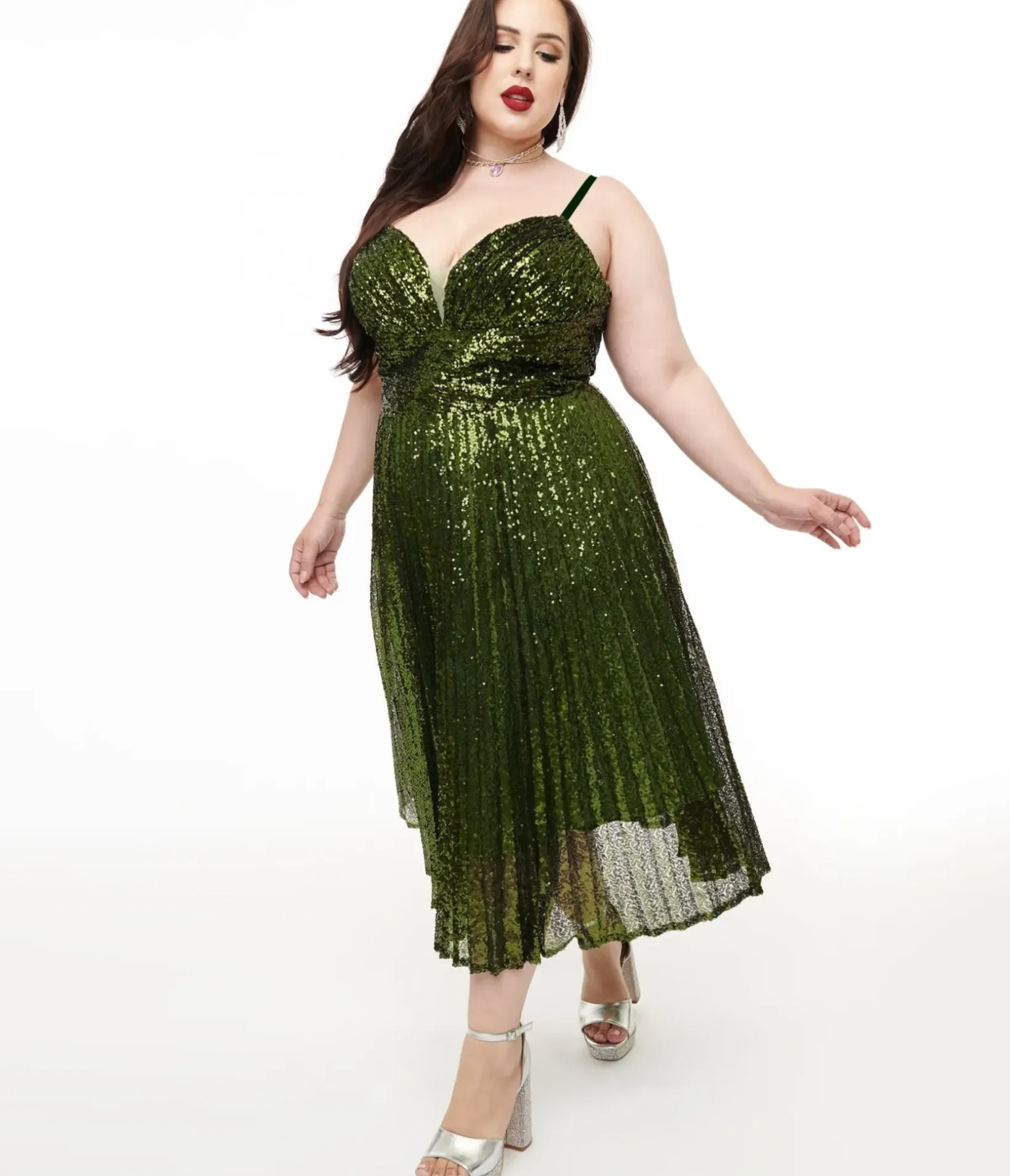 Unique Vintage Swing|Swing>Plus Size 1950s Emerald Pleated Sequin Swing Dress
