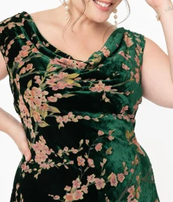 Unique Vintage Special Occasion|Bridesmaid Dresses>Plus Size 1920s Emerald Velvet Floral Burnout Hemingway Flapper Dress