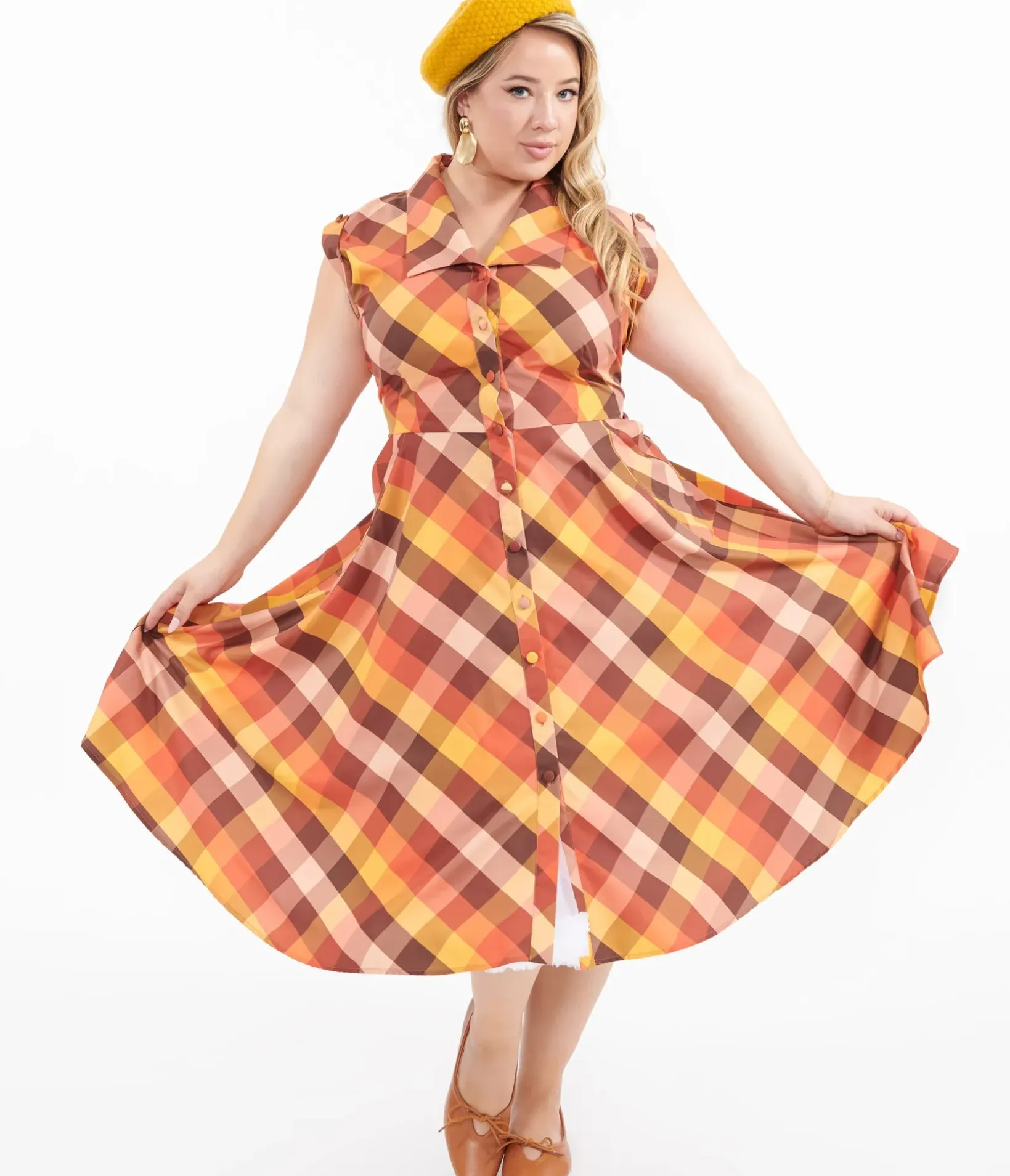 Unique Vintage Swing|Pocket Dresses>Plus Size 1950s Fall Madras Plaid Shirt Dress