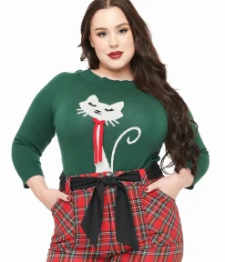 Unique Vintage Sweaters & Cardigans|Sweaters & Cardigans>Plus Size 1960s Forest Green & Cream Cat Lorelai Sweater