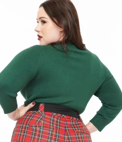 Unique Vintage Sweaters & Cardigans|Sweaters & Cardigans>Plus Size 1960s Forest Green & Cream Cat Lorelai Sweater