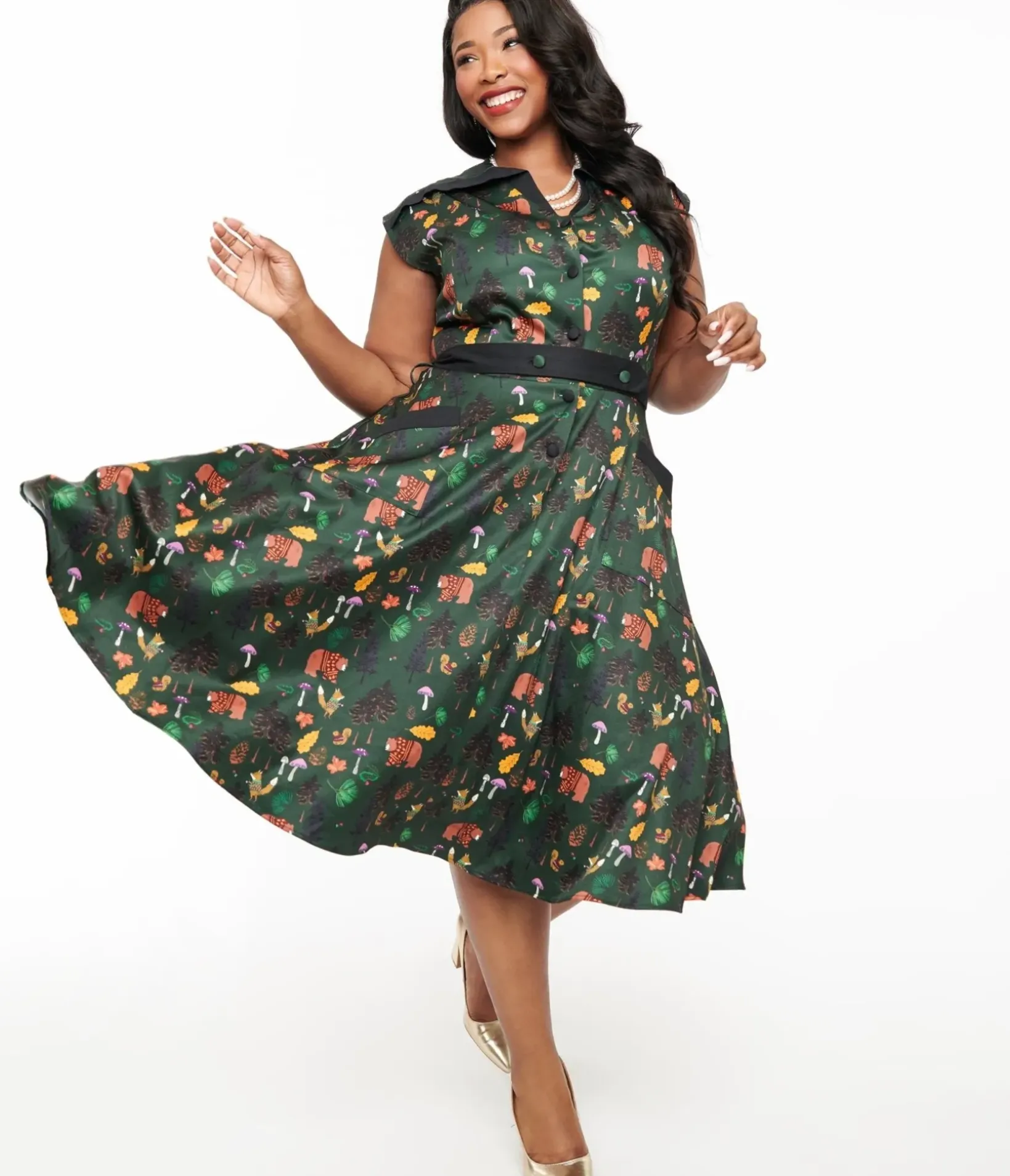 Unique Vintage Swing|Pocket Dresses>Plus Size 1940s Forest Green Woodland Creature Hedda Swing Dress