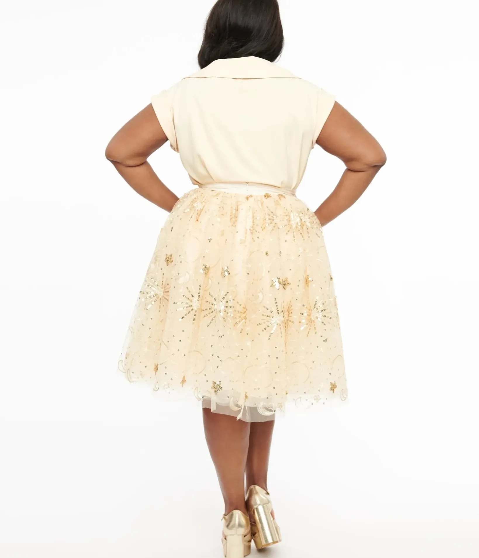 Unique Vintage Skirts|Skirts>Plus Size 1950s Gold Glitter Celestial Tulle Sweetie Pie Flare Skirt