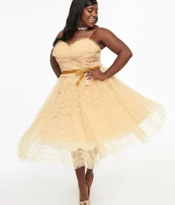 Unique Vintage Swing|Swing>Plus Size 1950s Gold Glitter Tulle Cupcake Swing Dress