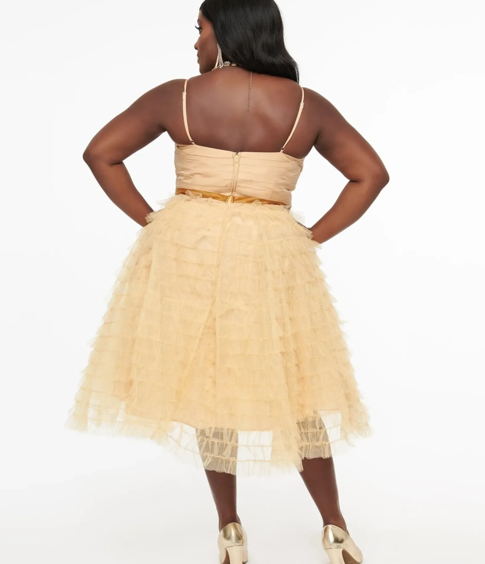Unique Vintage Swing|Swing>Plus Size 1950s Gold Glitter Tulle Cupcake Swing Dress