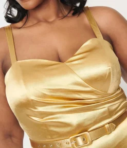 Unique Vintage Rompers & Jumpsuits>Plus Size 1970s Gold Spandex Belted Jumpsuit