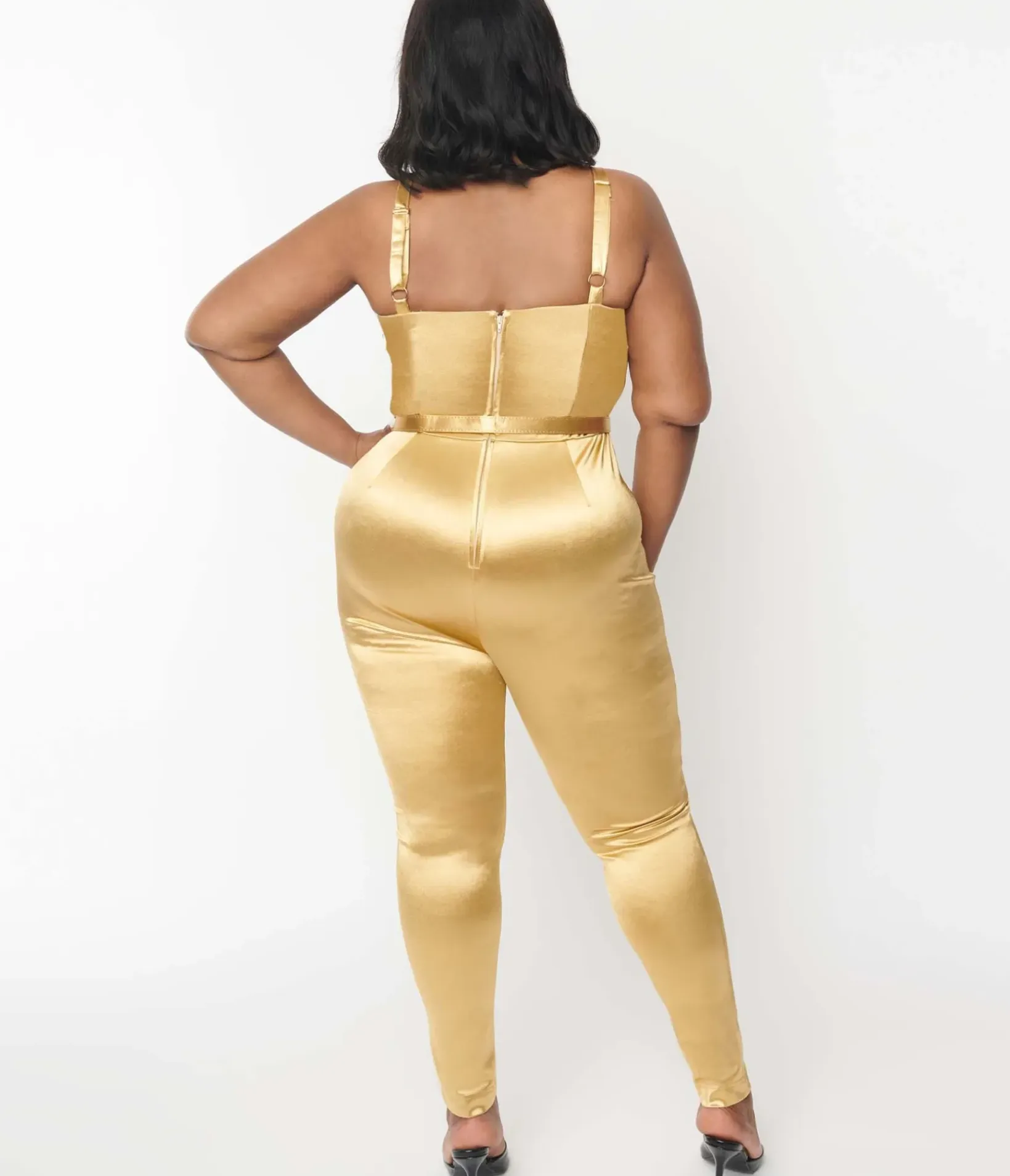 Unique Vintage Rompers & Jumpsuits>Plus Size 1970s Gold Spandex Belted Jumpsuit
