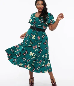 Unique Vintage Midi|Pocket Dresses>Plus Size 1940s Green Butterfly Print Midi Dress