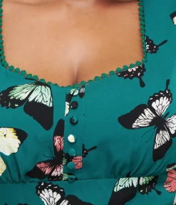 Unique Vintage Midi|Pocket Dresses>Plus Size 1940s Green Butterfly Print Midi Dress