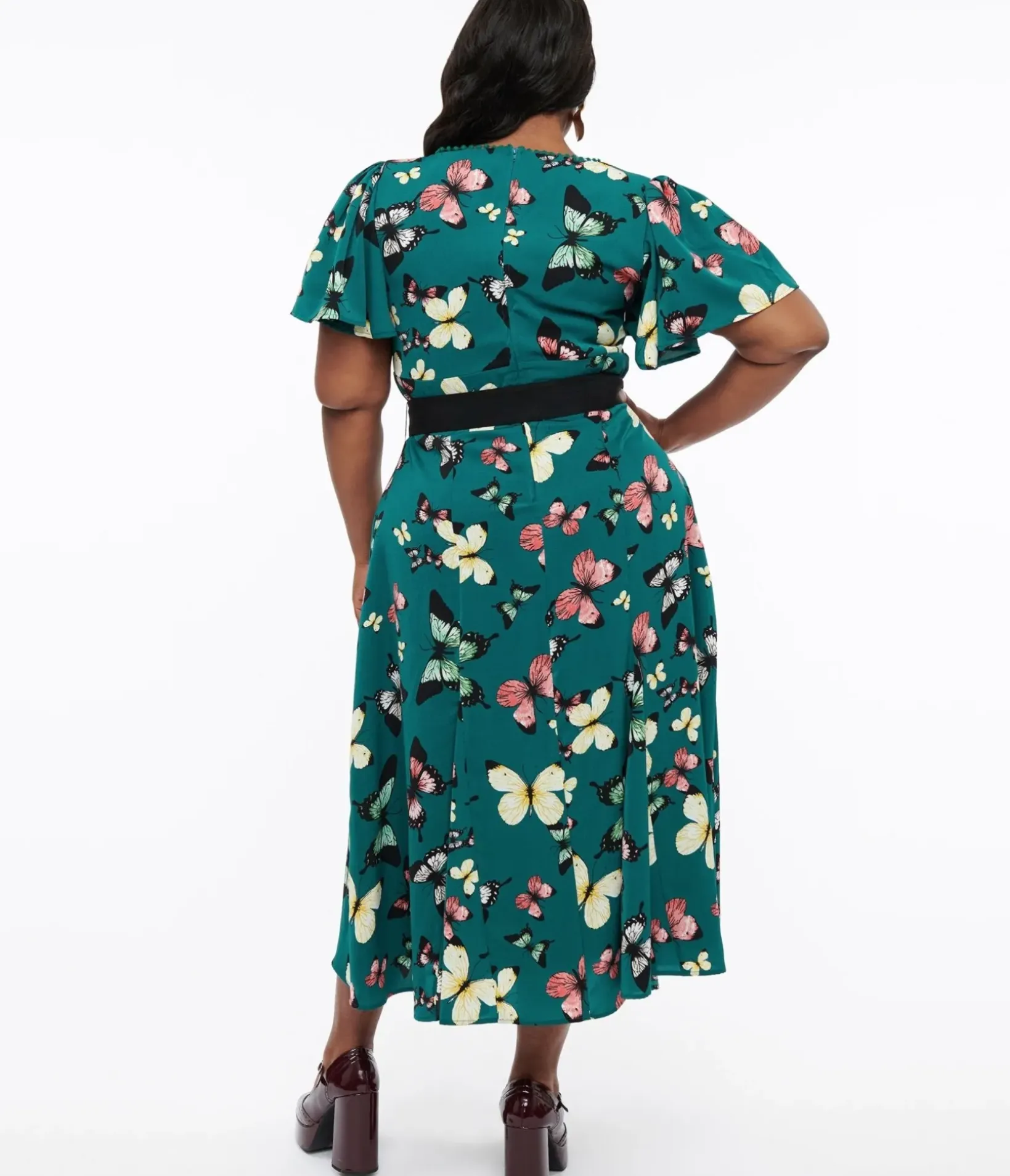 Unique Vintage Midi|Pocket Dresses>Plus Size 1940s Green Butterfly Print Midi Dress