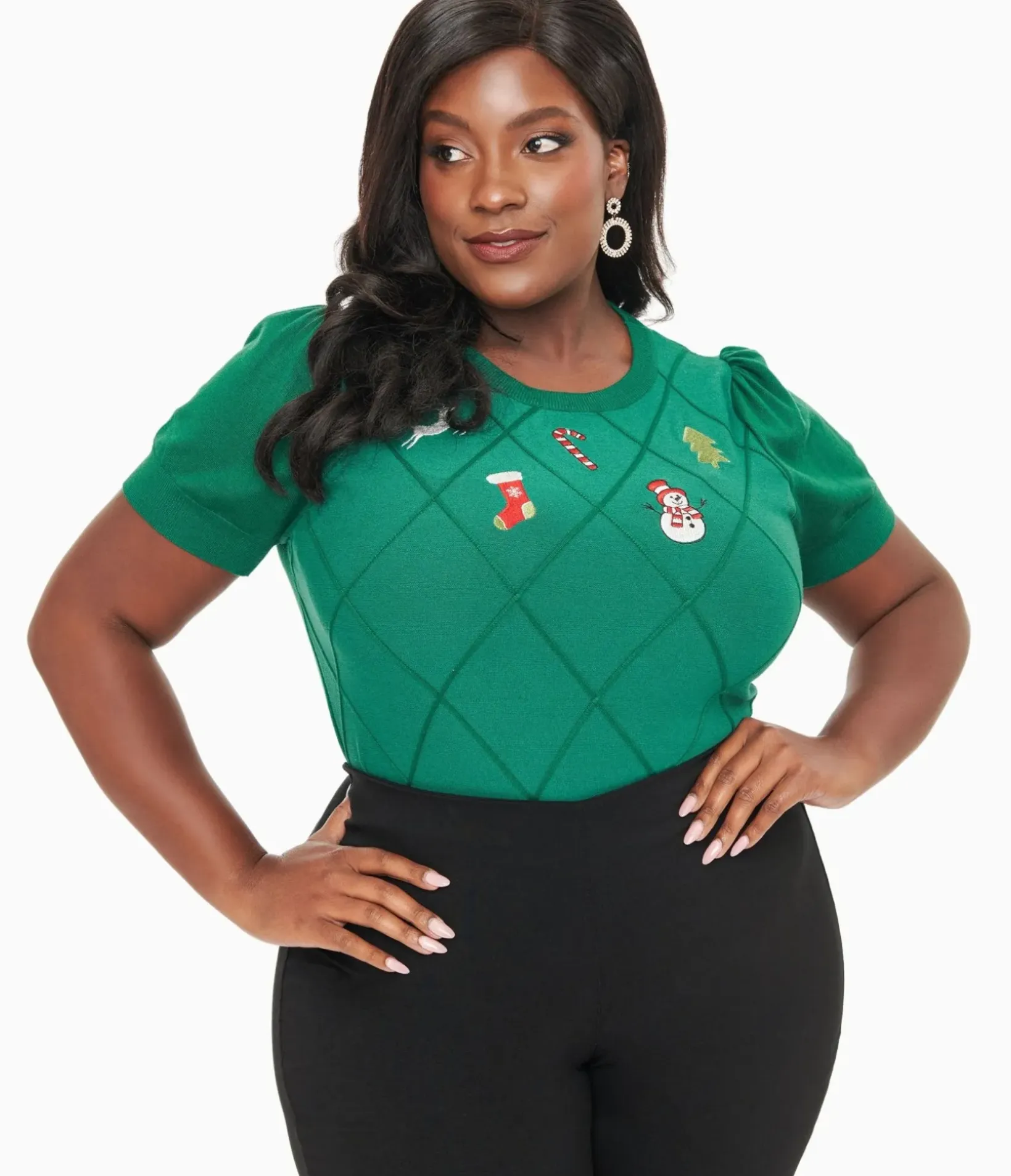 Unique Vintage Sweaters & Cardigans|Sweaters & Cardigans>Plus Size 1950s Green Christmas Embroidered Sweater