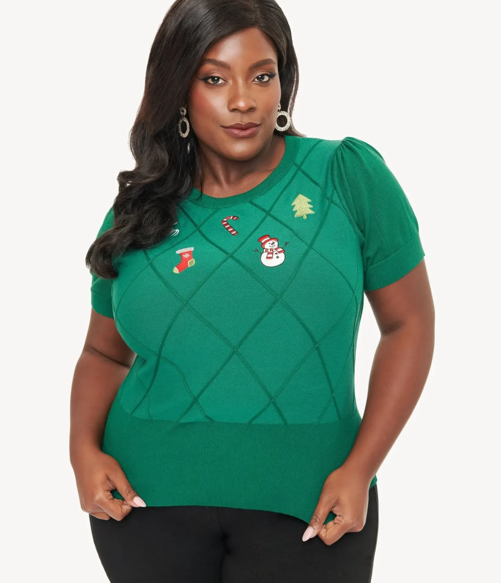 Unique Vintage Sweaters & Cardigans|Sweaters & Cardigans>Plus Size 1950s Green Christmas Embroidered Sweater