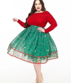 Unique Vintage Skirts>Plus Size 1950s Green Gingerbread Border Brilliance Swing Skirt