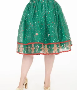 Unique Vintage Skirts>Plus Size 1950s Green Gingerbread Border Brilliance Swing Skirt