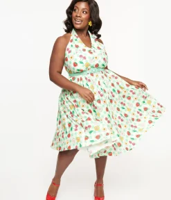 Unique Vintage Swing|Swing>Plus Size 1950s Green Gingham Spooky Fruit Print Halter Swing Dress