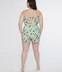 Unique Vintage Rompers & Jumpsuits|Rompers & Jumpsuits>Plus Size 1950s Green Gingham Spooky Fruit Print Romper & Skirt Set