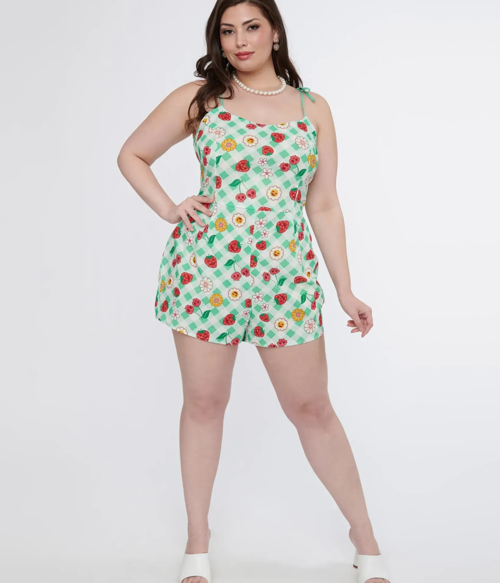 Unique Vintage Rompers & Jumpsuits|Rompers & Jumpsuits>Plus Size 1950s Green Gingham Spooky Fruit Print Romper & Skirt Set