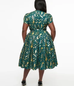 Unique Vintage Swing|Pocket Dresses>Plus Size 1940s Green & Gold Peacock Print Dahlia Swing Dress