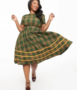 Unique Vintage Swing|Swing>Plus Size 1950s Green Plaid Cotton Swing Dress