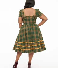 Unique Vintage Swing|Swing>Plus Size 1950s Green Plaid Cotton Swing Dress