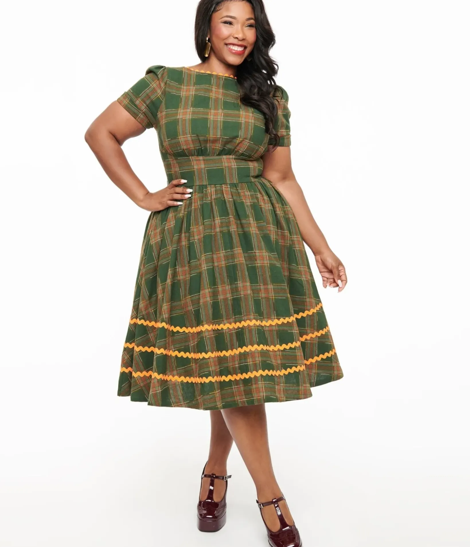 Unique Vintage Swing|Swing>Plus Size 1950s Green Plaid Cotton Swing Dress