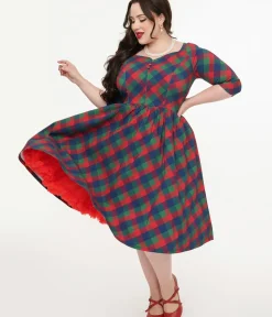 Unique Vintage Swing|Pocket Dresses>Plus Size 1950s Green & Red Plaid Sweetheart Swing Dress