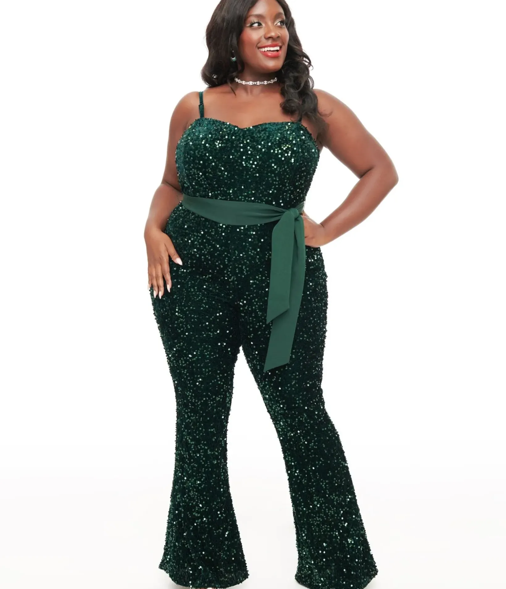 Unique Vintage Rompers & Jumpsuits|Rompers & Jumpsuits>Plus Size 1960s Green Sequin Flare Jumpsuit