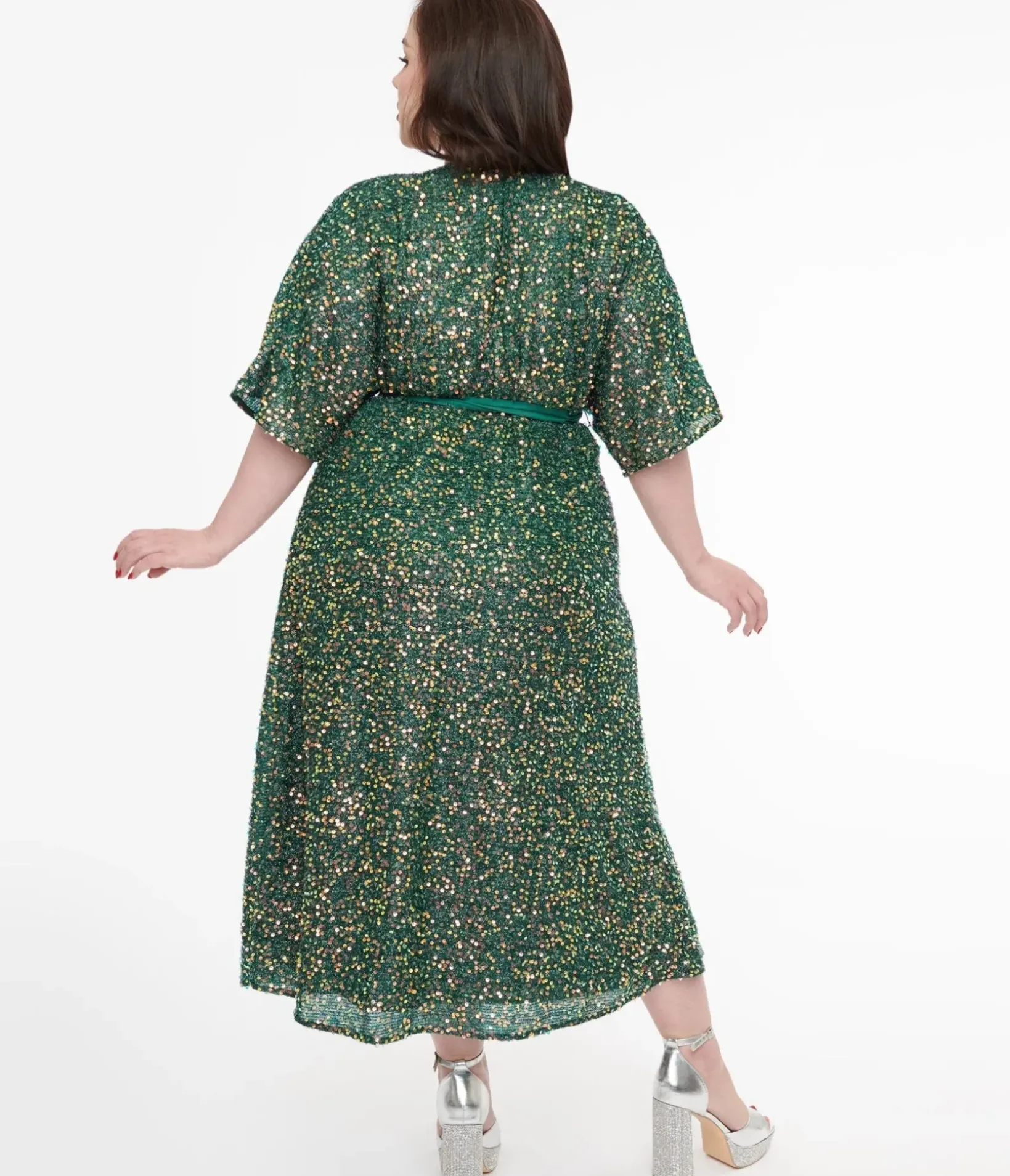 Unique Vintage Midi|Wrap Dresses>Plus Size 1960s Green Sequin Wrap Midi Dress