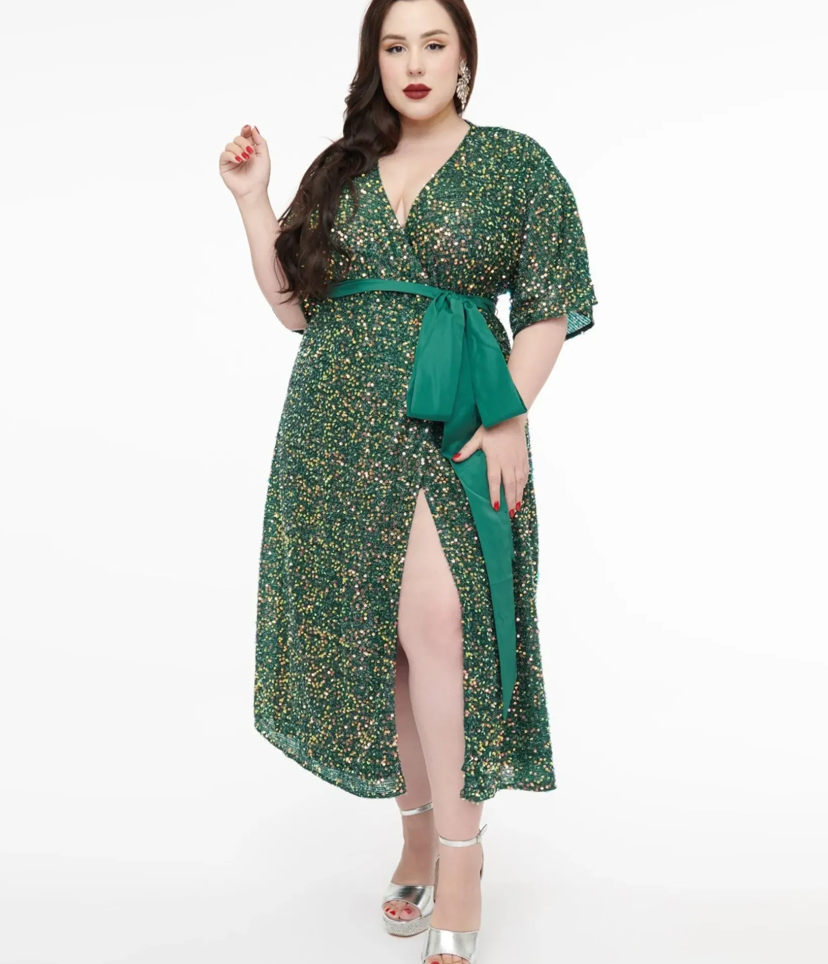 Unique Vintage Midi|Wrap Dresses>Plus Size 1960s Green Sequin Wrap Midi Dress