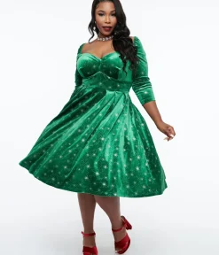 Unique Vintage Swing|Swing>Plus Size 1950s Green & Silver Snowflake Velvet Lamar Swing Dress