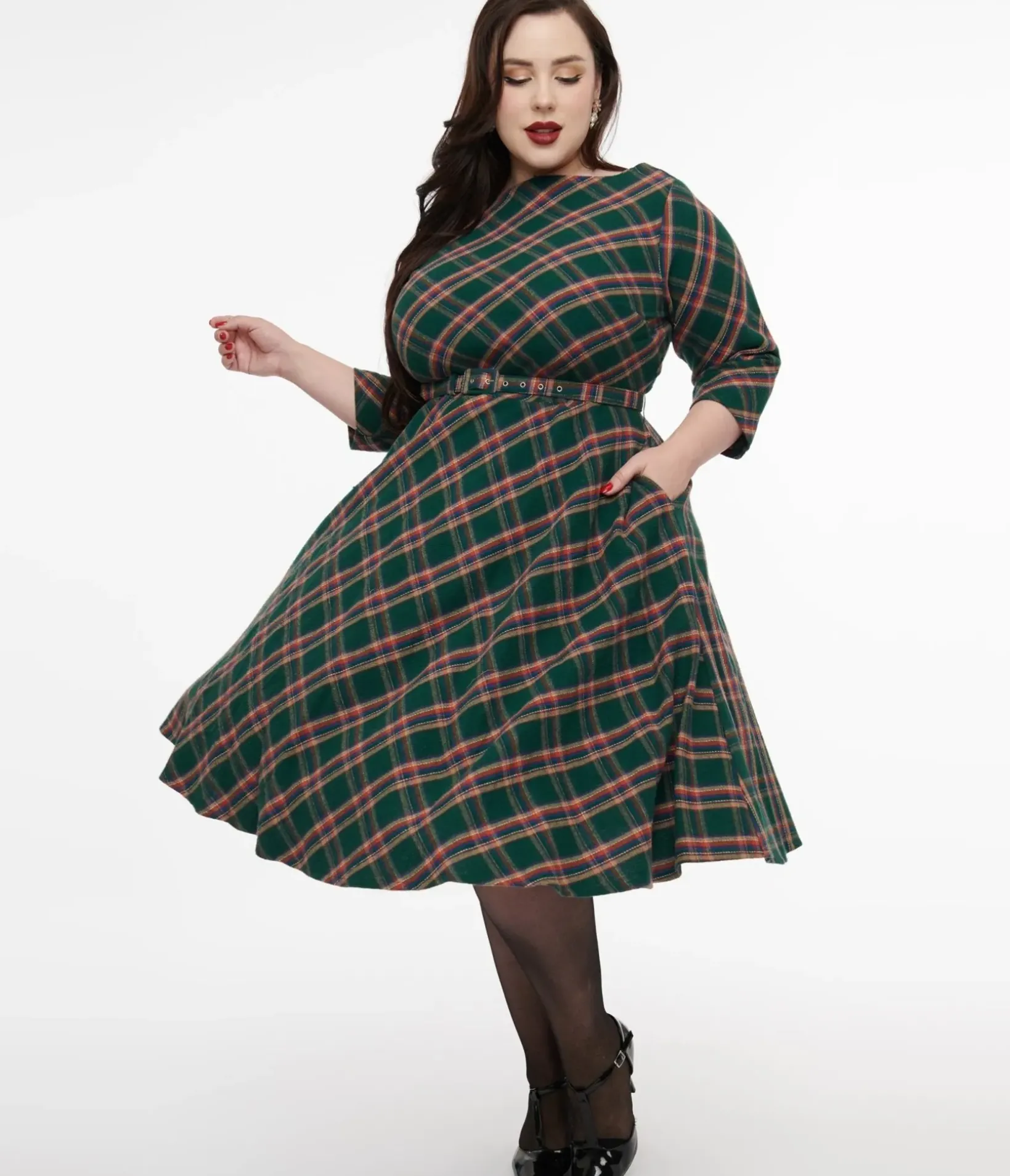 Unique Vintage Swing|Pocket Dresses>Plus Size 1950s Green & Tan Plaid Devon Swing Dress