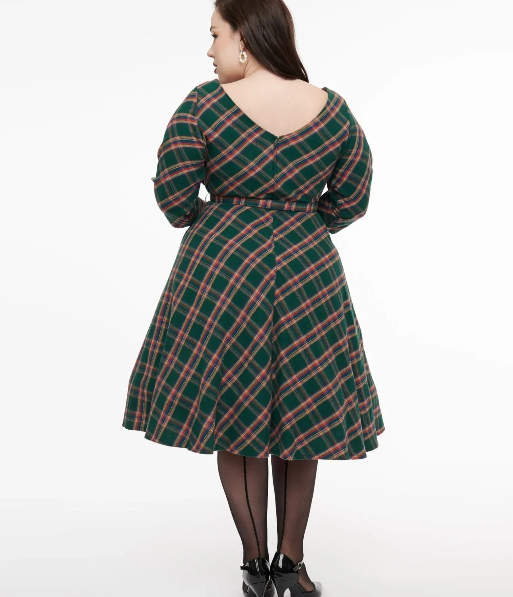 Unique Vintage Swing|Pocket Dresses>Plus Size 1950s Green & Tan Plaid Devon Swing Dress