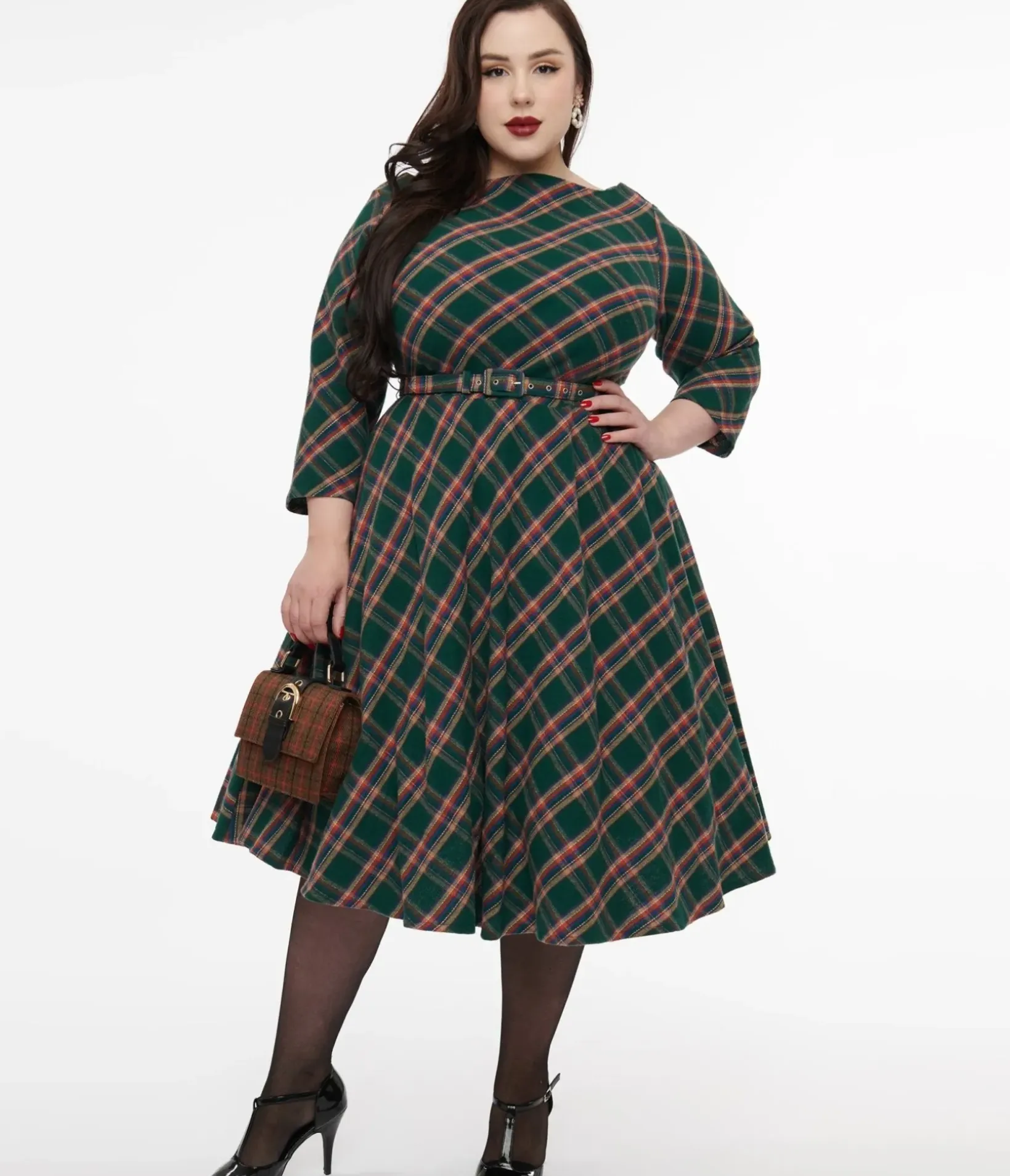 Unique Vintage Swing|Pocket Dresses>Plus Size 1950s Green & Tan Plaid Devon Swing Dress