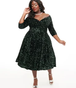 Unique Vintage Swing|Pocket Dresses>Plus Size 1950s Green Velvet Sequin Marceline Swing Dress
