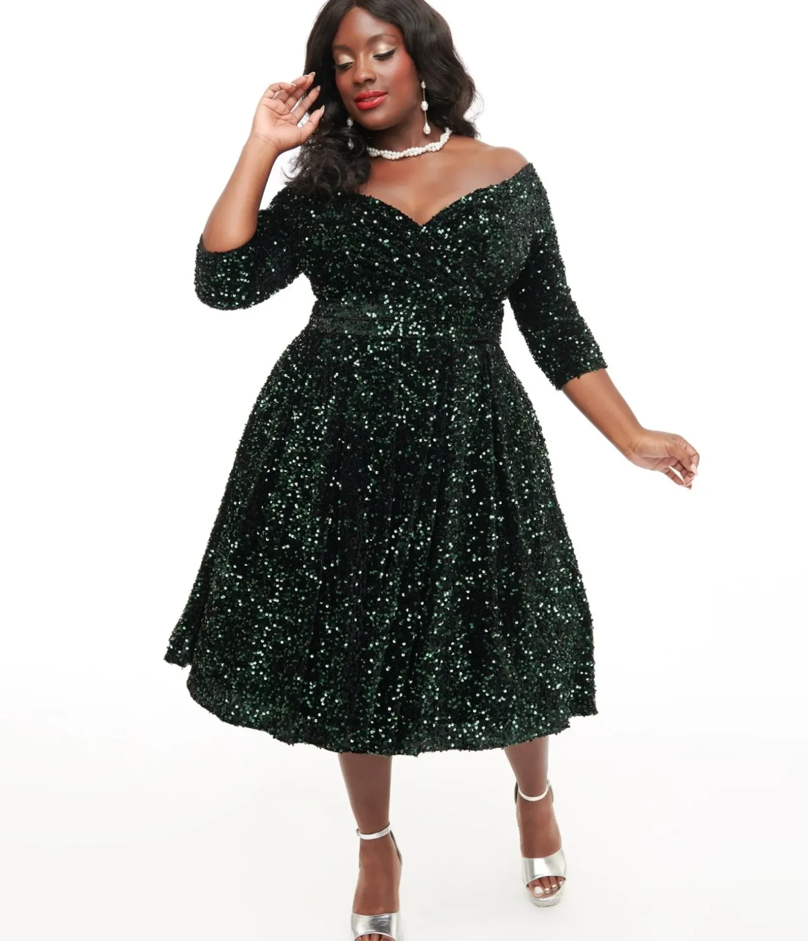 Unique Vintage Swing|Pocket Dresses>Plus Size 1950s Green Velvet Sequin Marceline Swing Dress