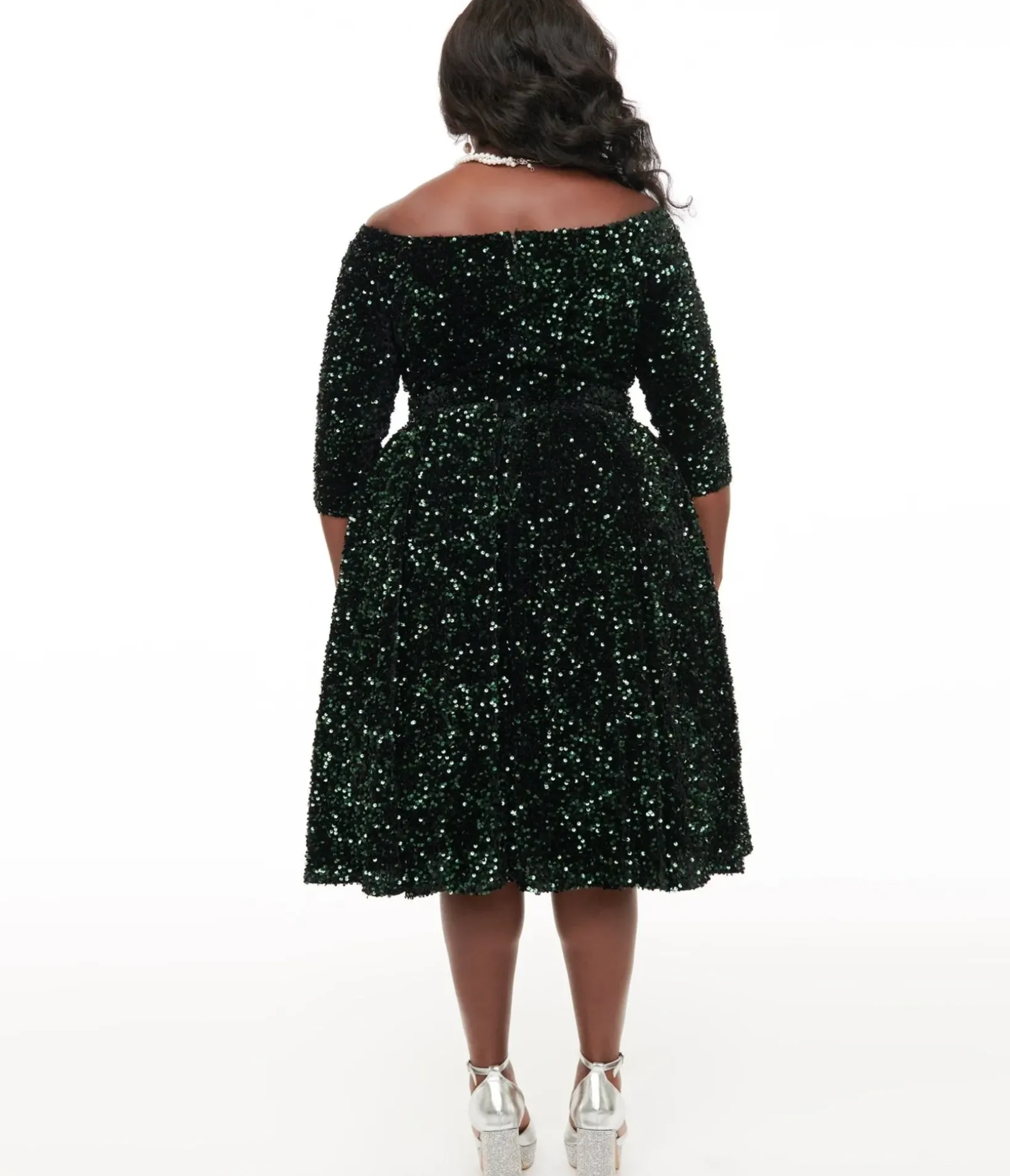Unique Vintage Swing|Pocket Dresses>Plus Size 1950s Green Velvet Sequin Marceline Swing Dress