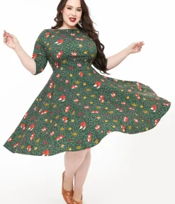 Unique Vintage Swing|Pocket Dresses>Plus Size 1950s Green Winter Fox Devon Swing Dress