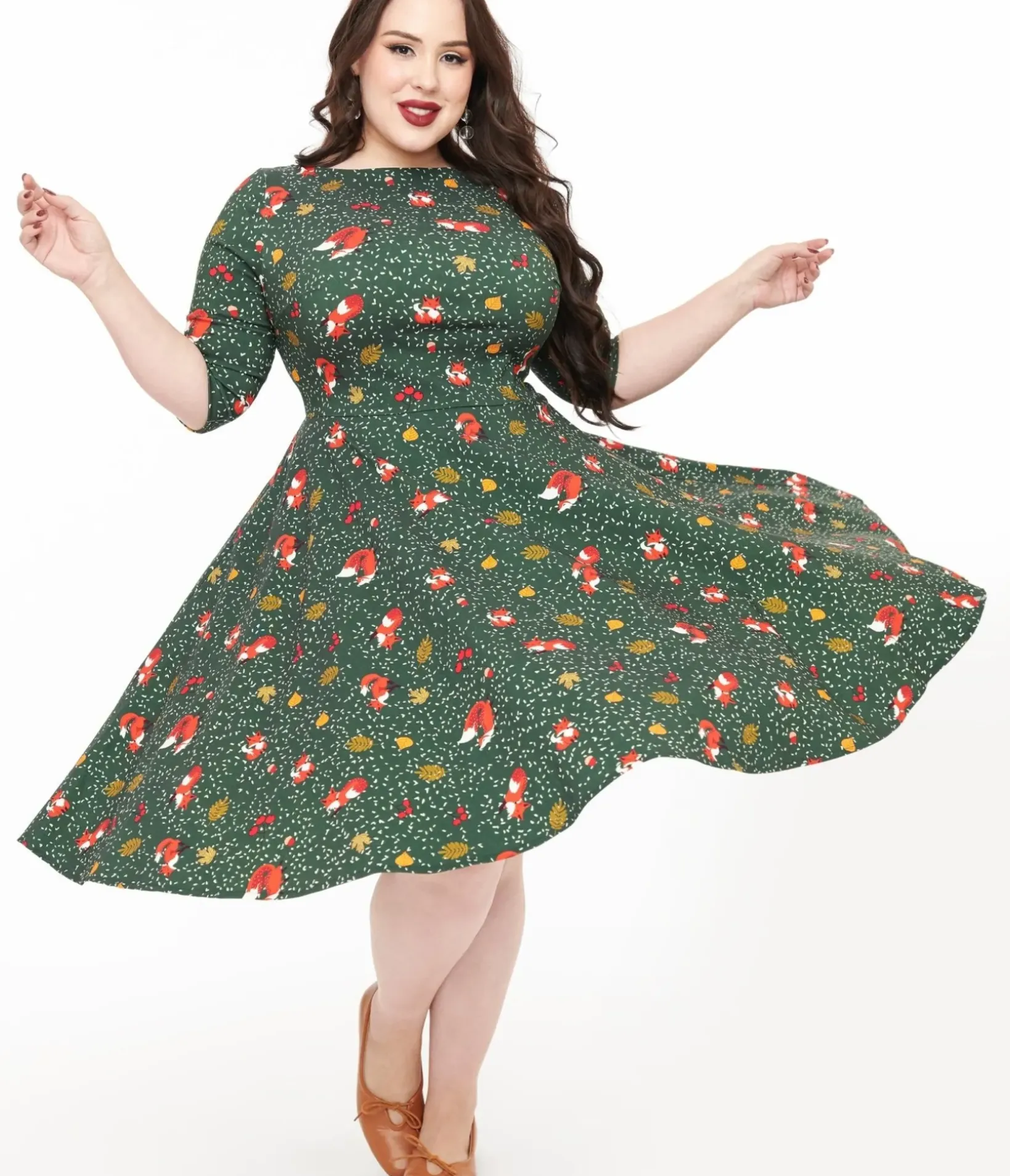 Unique Vintage Swing|Pocket Dresses>Plus Size 1950s Green Winter Fox Devon Swing Dress
