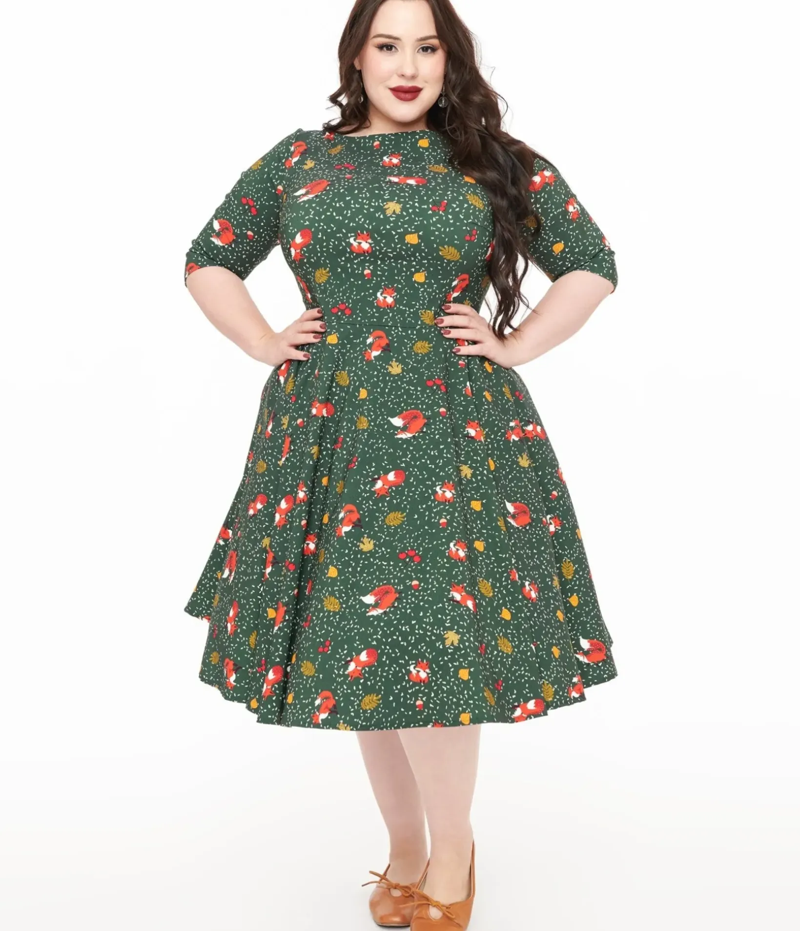 Unique Vintage Swing|Pocket Dresses>Plus Size 1950s Green Winter Fox Devon Swing Dress