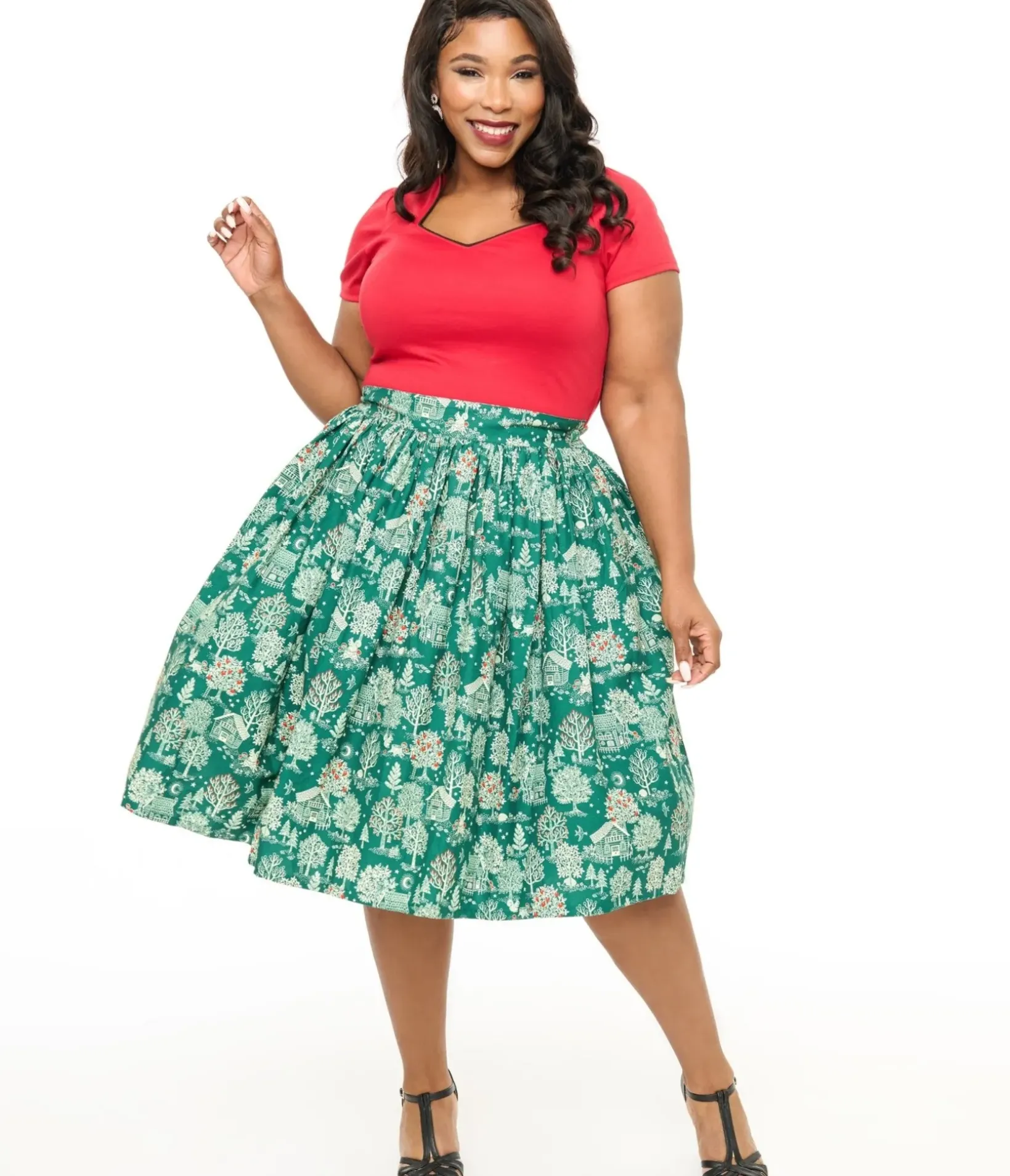 Unique Vintage Skirts|Skirts>Plus Size 1950s Green Winter Print Gellar Swing Skirt