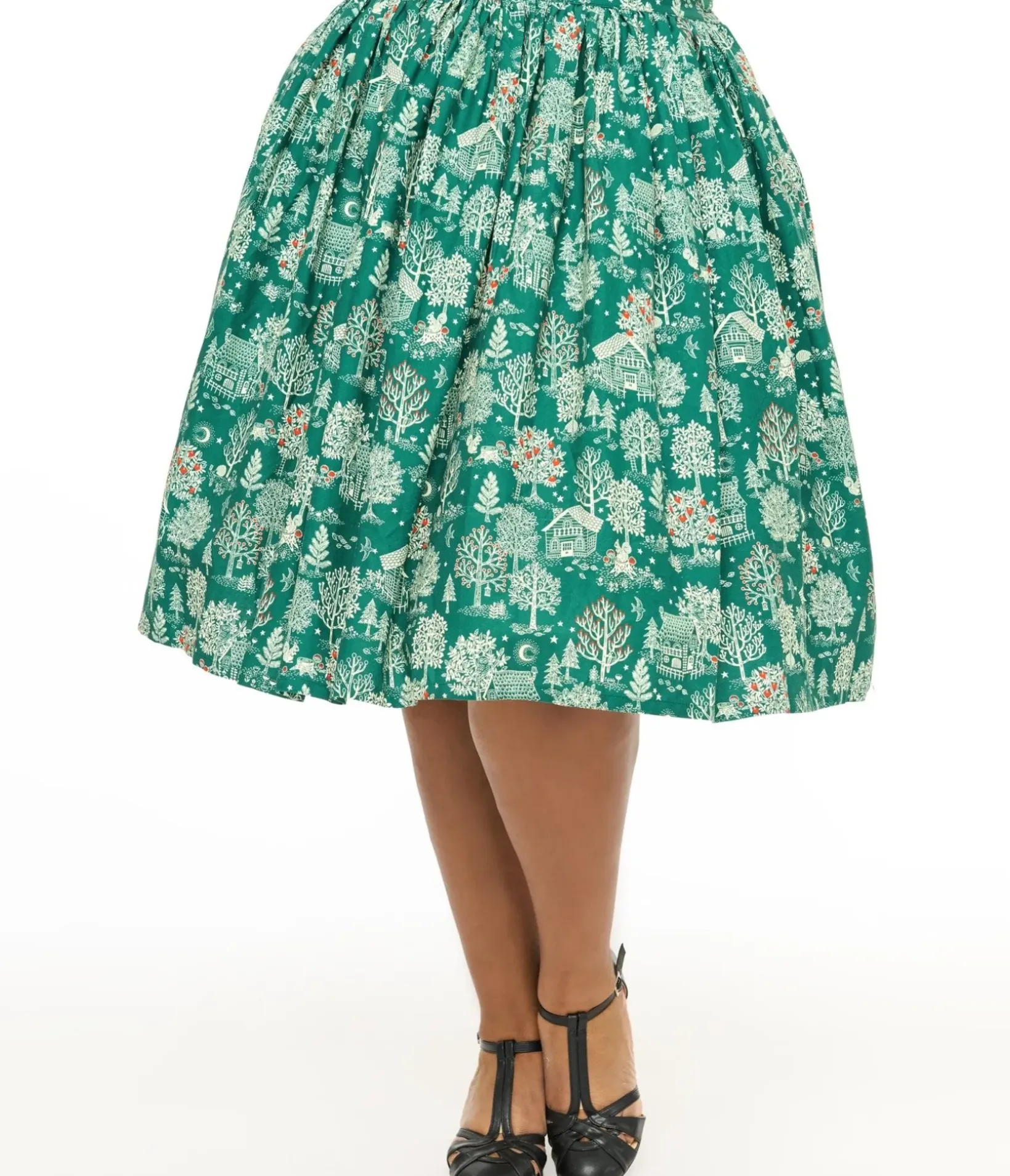 Unique Vintage Skirts|Skirts>Plus Size 1950s Green Winter Print Gellar Swing Skirt