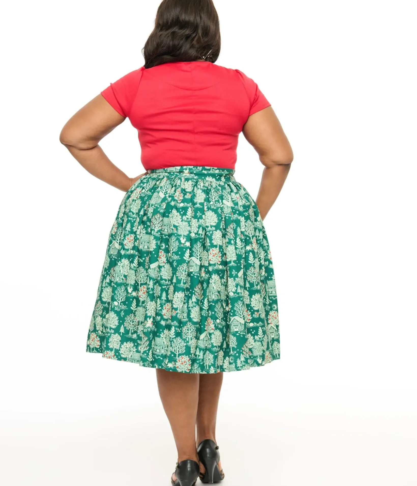 Unique Vintage Skirts|Skirts>Plus Size 1950s Green Winter Print Gellar Swing Skirt