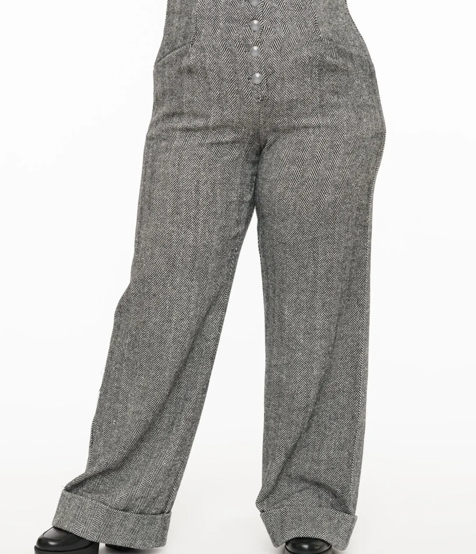 Unique Vintage Pants|Pants>Plus Size 1940s Grey Herringbone Buttoned Wide Leg Trousers