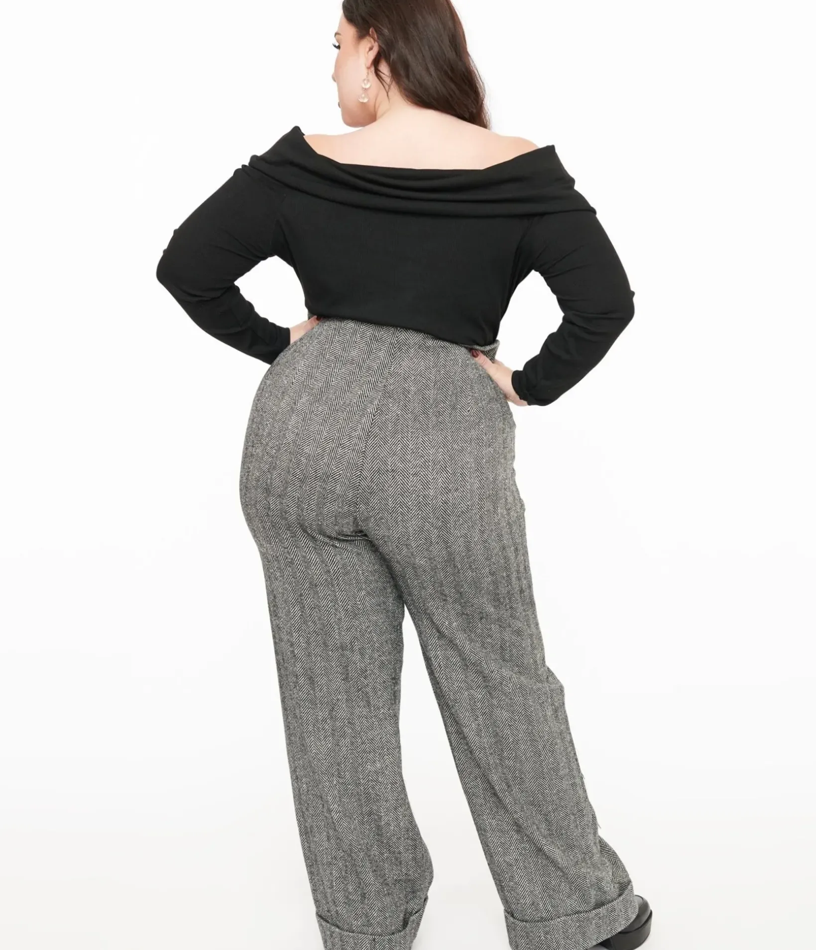 Unique Vintage Pants|Pants>Plus Size 1940s Grey Herringbone Buttoned Wide Leg Trousers